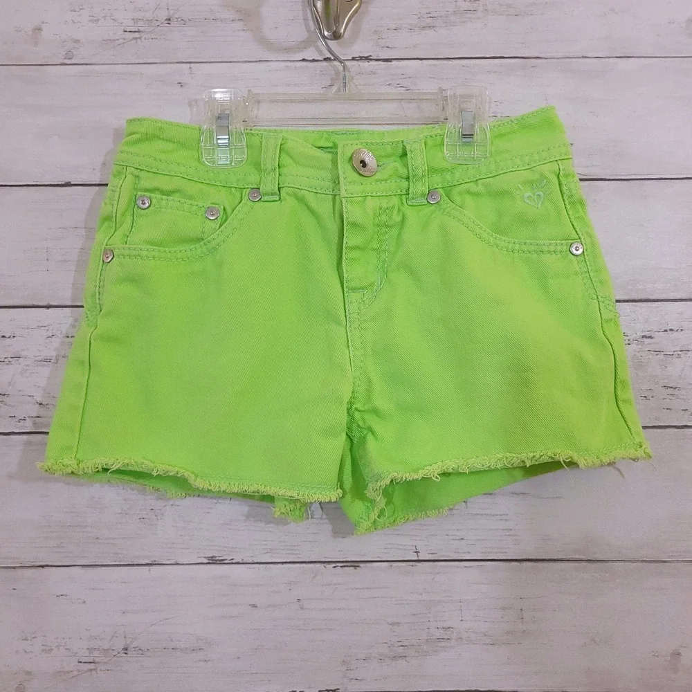 Justice Girls Neon Green Frayed Hem Denim Shorts Size 10R Heart Embroidery